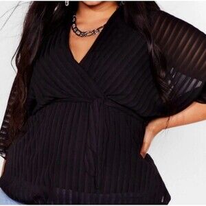 Nasty Gal‎ Black Kimono Sleeve Sheer Stripe Wrap Blouse Top Sz 22 Plus Size